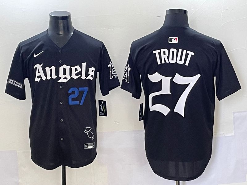 Men 2025 Los Angeles Angels #27 Trout Black Five generations Joint Name Nike MLB Jersey style 11->los angeles angels->MLB Jersey